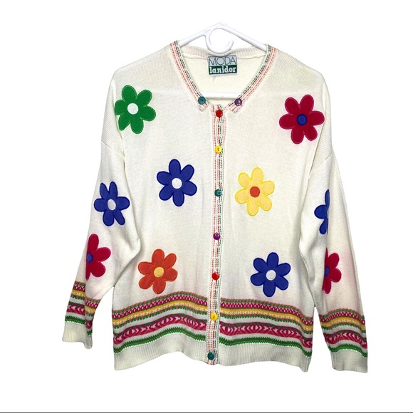 Vintage Sweaters - Vintage Flower Power Cotton Blend Cardigan Embroidered Daisies Multicolour M